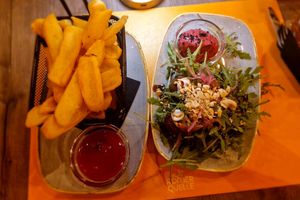 "Thank God It's Friday" (falafel and beetroot hummus) with a side of fries at Soul Kitchen in Dubrovnik