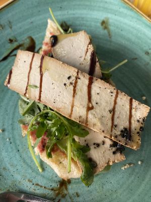 Beet hummus, avocado, and grilled tofu on artisan bread    at Soul Kitchen in Dubrovnik