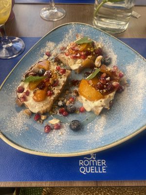 ‘I a-peach-iate you’ maple glazed grilled peaches on toast with soya yogurt, nuts, blueberries and pomegranate   at Soul Kitchen in Dubrovnik