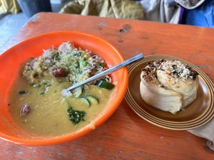 Mansoor dhal with wild garlic purée and herbed pea rice  at Parveen's in Glasgow