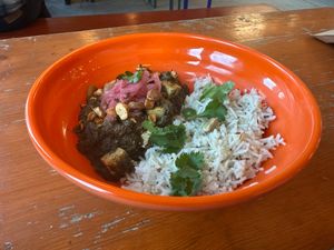 Saag tofu with spiced rice at Parveen's in Glasgow