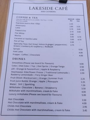 Drinks menu (July 2025) at The Lakeside Cafe  in Llandrindod Wells