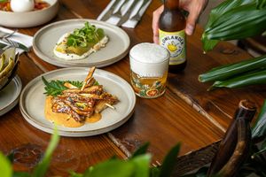 Oyster mushroom skewers with sesame seeds and scallions. at Lowlander Botanical Bar & Restaurant in Amsterdam