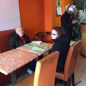 eating with our jackets on at Asian Bowl in Forest Hills