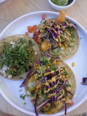 Seafood and chicharrón tacos  at The Forward Thinking Eatery in San Jose Del Cabo