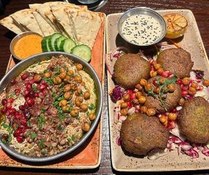 Lebanese Hummus and Falafel Cakes.  at Puttshack   in Oak Brook