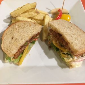 Vegan tempeh sando with fries  at Kick Back Cafe in Tokyo