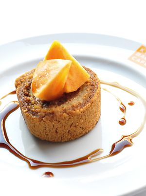 New Year celebration dessert; Sweet potato & Kinako Roll.  Kinako means soybean powder is very nutritious and good for diet.  Rice flower makes the sponge nice and springy texture.  It is VEGAN! at Kick Back Cafe in Tokyo