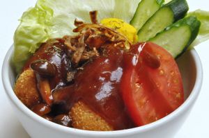 Gratin croquette loco moco.  cream croquette using soymilk and homemade demi-glace sauce.   at Kick Back Cafe in Tokyo