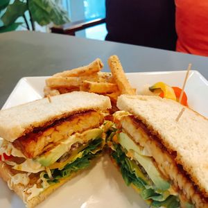 tempeh sandwich with homemade pickles and organic french fries! so yummy! at Kick Back Cafe in Tokyo