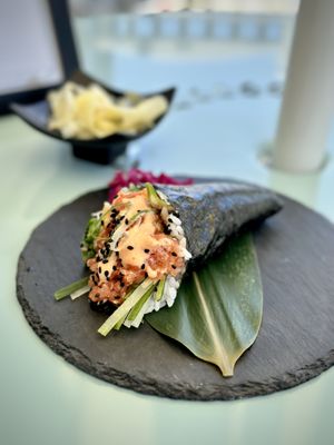 Plant Based Spicy Tuna Hand Roll  at Niku Nashi Sushi in Los Angeles