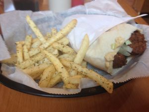 Falafel pita with fries at Falafels in Bloomington
