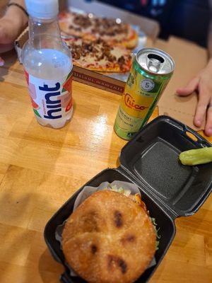 Sausage Pizza and Spicy chicken burger at 2 Phat Vegans in New Orleans