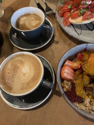 Coffee - flat white and cortardo  at The Cosy Cafe in Hay-on-wye