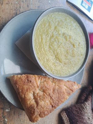 Leek and potato soup - soup is always vegan at The Cosy Cafe in Hay-on-wye