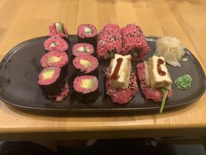 Mix teller sushi (rice made with beetroot to make pink)  at La Vegan in Hamburg