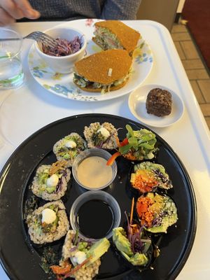 Burger, half orders of Nori and Avocado rolls at Try it Raw in Birmingham