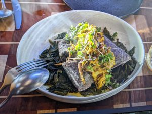 Blue corn tamale with greens at Twelvemonth in Burlingame