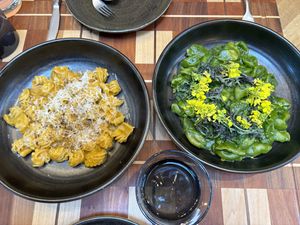 Orecchiette with broccoli & impossible sausage (right) + squashio e pepe w/ black pepper  at Twelvemonth in Burlingame