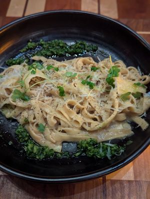 Tagliatelle

(celery root, black pepper miso, gremolata, parmesan) at Twelvemonth in Burlingame