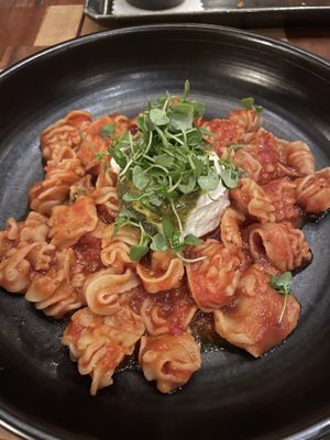 Radiatori: calabrian chili, red sauce, ricotta, basil, pesto  at Twelvemonth in Burlingame