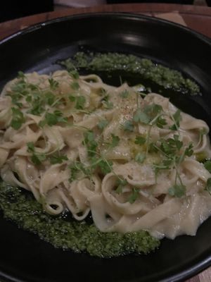 Tagliatelle: celery root, black pepper miso, gremolata, parmesan  at Twelvemonth in Burlingame