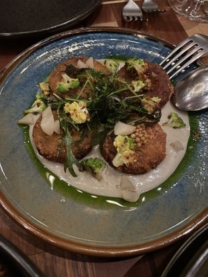 Croquettes: yukon gold potato, caramelized onion, sunchoke puree, roasted broccoli, pickled salsify and mustard seeds, parsley oil  at Twelvemonth in Burlingame