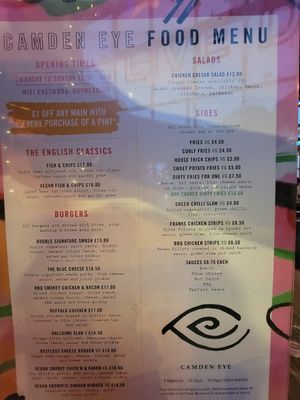 Menu at The Camden Eye in North West London