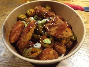 Loaded bowl - potato tots, jalapeños, quorn dippers and sriracha at The New Sundial in South Shields