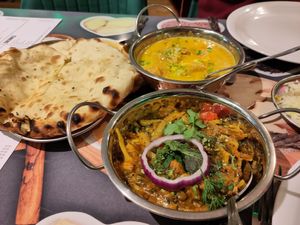 Vegetable methi, butter chicken, peshwari naan at Vegan India - Gloucester Rd in Bristol