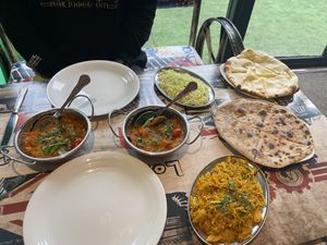 ‘Lamb’ bhuna, mushroom rice, naan bread and paratha   at Vegan India - Gloucester Rd in Bristol