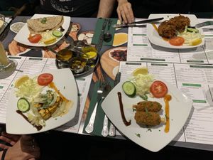 Tofu skewers + jackfruit wings + king prawn + onion bahji, if i remember well    at Vegan India - Gloucester Rd in Bristol