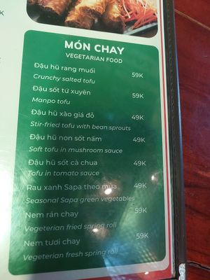 Vegetarian menu at Toàn Mán Restaurant  in Ta Van