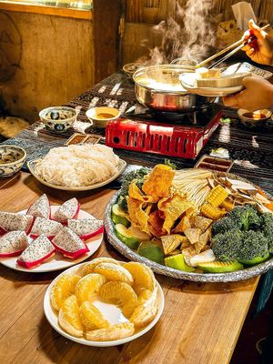 Our vegetarian hotpot is a delightful harmony of fresh mushrooms and greens, simmering in a light yet flavorful broth.  at Toàn Mán Restaurant  in Ta Van