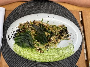 dish with leak and mushrooms (main dish)  at Remédio Santo - Baixa in Porto