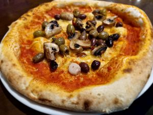 Vegan pizza with mushrooms and olives at The Star Inn in Morpeth