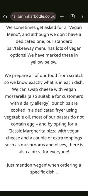 Vegan information online at The Star Inn in Morpeth