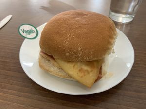 Vegan bacon and tattie scone breakfast roll  at The New Cafe Royale in Girvan