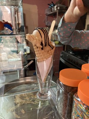 vegan banana icecream with homemade vegan chocolate sauce.  at Rocambolesc Heladería in Pisac