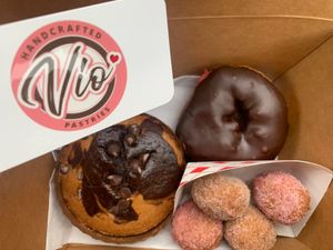 Vegan vanilla marble cookie/cake, Mexican hot coco donut, cinnamon sugar mochi balls  at Vio Handcrafted Pastries in Vacaville