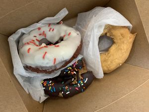 Red velvet, plain, chocolate sprinkle.. 100% vegan  at Vio Handcrafted Pastries in Vacaville