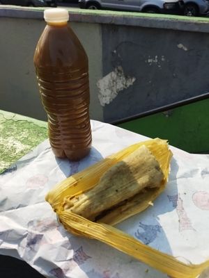Tamal y café con leche vegetal y tapioca at Pez Vegano in Mexico City