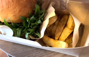 Misoy burger and koji salt fries at Kojiya Motomiya Misochaya - SHIMONO528 in Hachimantai