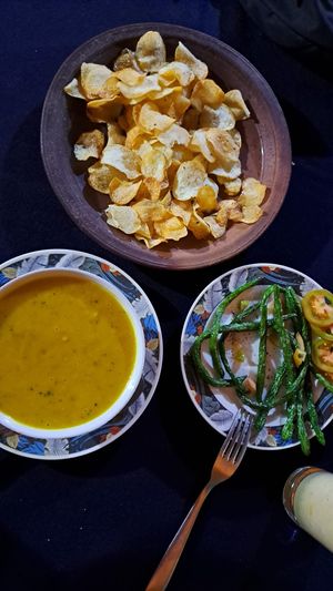 Pumpkin soup, fresh potato chips and fried green beans at Dushan's Home Kitchen in Nuwara Eliya