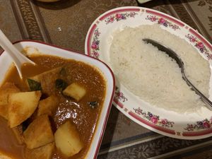 Potato curry + coconut rice! at Burma Garden in Bloomington