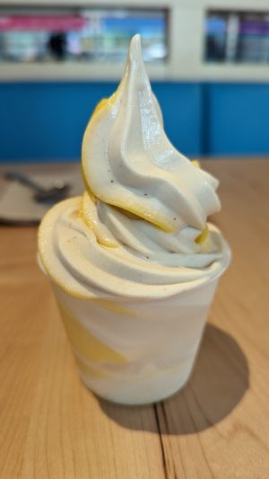 The mango lassi + chai swirl vegan soft serve at RASA in Fairfax