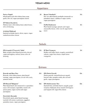 Bin 100 vegan menu section at Bin 100 Restaurant in Milford