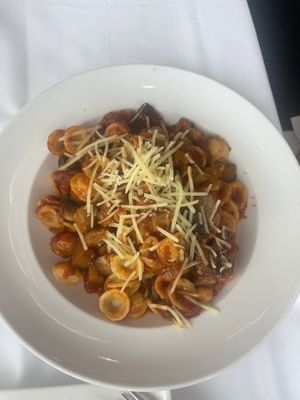 Orecchiette Boscaiola 
Orecchiette pasta, plant-based sausage sauteed with onions, mushrooms, eggplant, pomodoro sauce, vegan parmigiano  at Bin 100 Restaurant in Milford