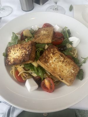 Mediterranean Toss 
Sauteed tofu, artichoke hearts, arugula, grape tomatoes, Kalamata olives tossed with linguine and topped with vegan Feta cheese  at Bin 100 Restaurant in Milford