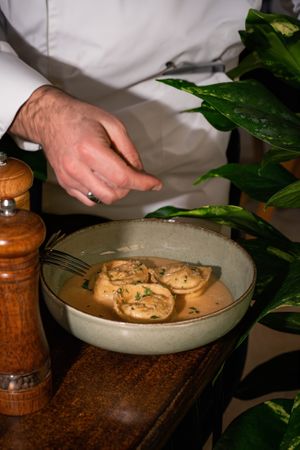Cappelletti de gorgonzola, apio y nuez pecan con salsa de salvia y limón at Baobab Soul Kitchen & Bar in Alicante